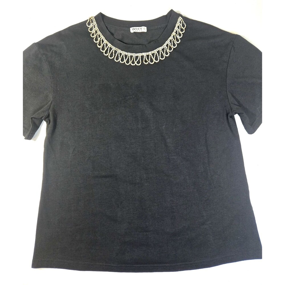 WHY Dress Shirt Black Stretch Size Small Faux Rhinestone Necklace Collar Sparkle